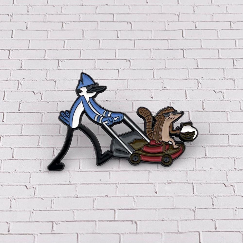 Regular Show Enamel Pin Mordecai And Rigby Lawnmower And Coffee